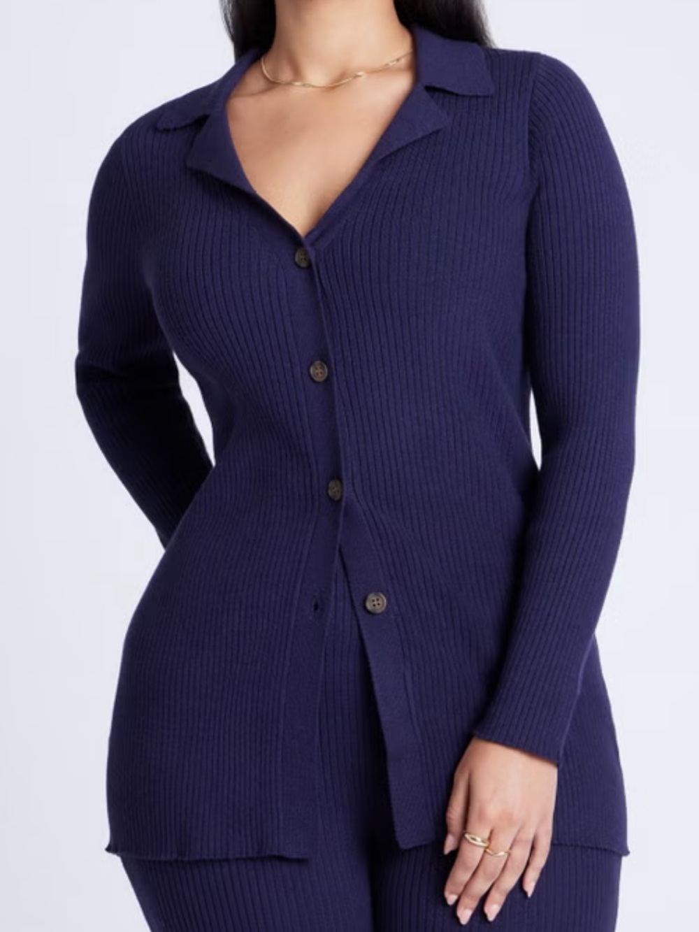 Eloquii Ribbed Button-Front Cardigan - Navy Blue
